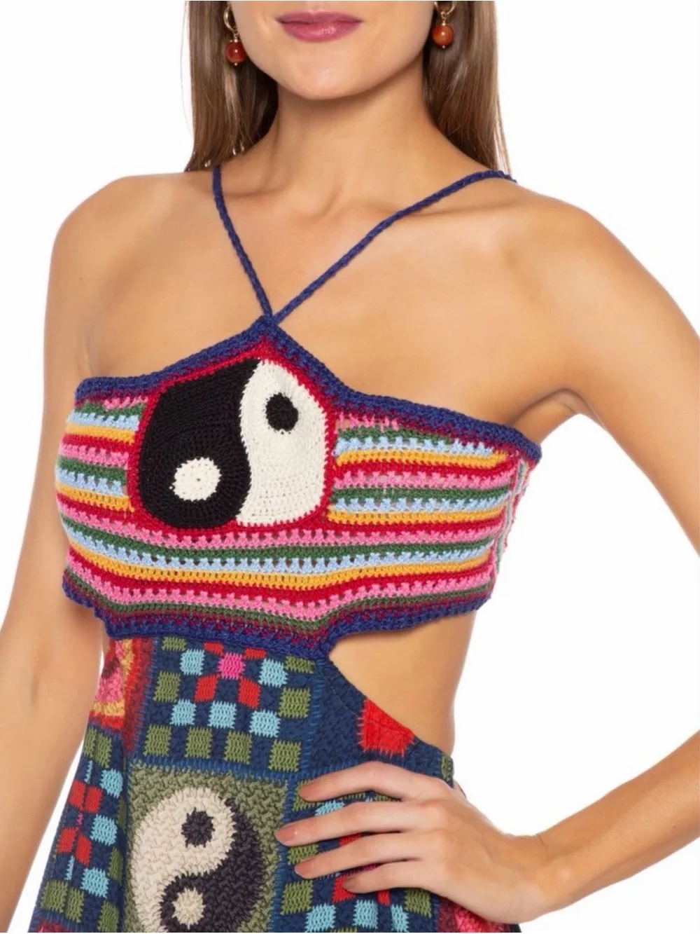FARM Rio Patchwork Crochet Cutout Maxi Dress Yin Yang Hearts Palm Medium NWT - Picture 5 of 9